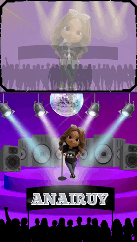 a cartoon of a girl singing on a stage with the name anairuy