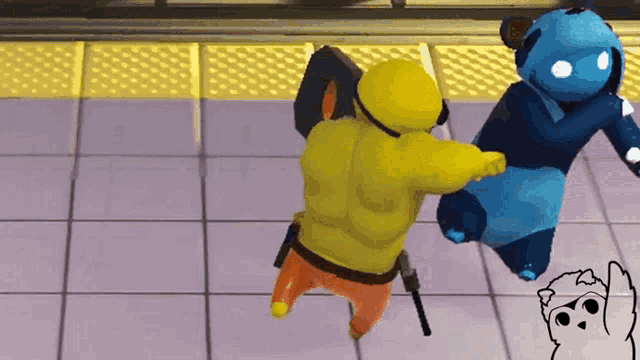 a blue and yellow cartoon character standing next to each other on a tiled floor .