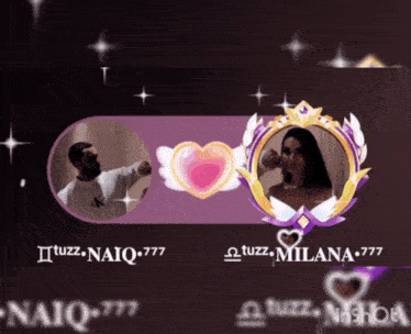a picture of a man and a woman with the letters naiq and milana on the bottom