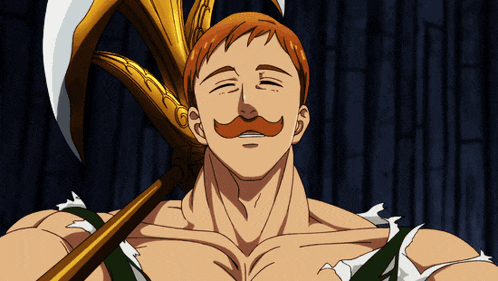 a man with a mustache is smiling and holding a large axe