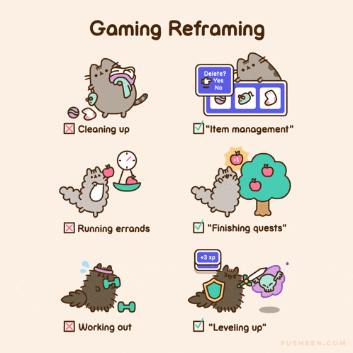 a cartoon of a cat with the words gaming reframing on it