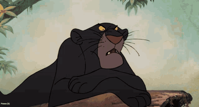 a cartoon panther is laying on a log with a pause ( ) written below it