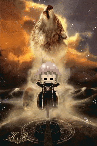 a person riding a motorcycle with a wolf behind them and the letter h on the bottom