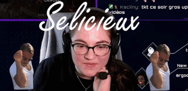 a woman wearing glasses and headphones is sitting in front of a screen that says selicieux