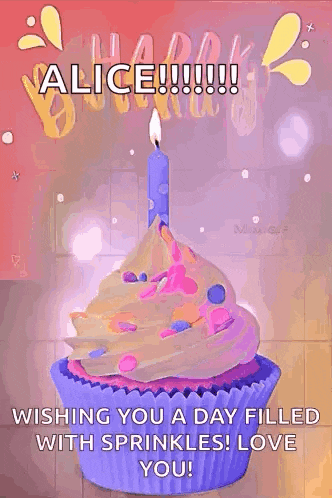 a birthday card with a cupcake with a candle and sprinkles on it .