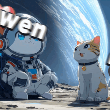 a cat is sitting next to an astronaut with a sign that says wei on it