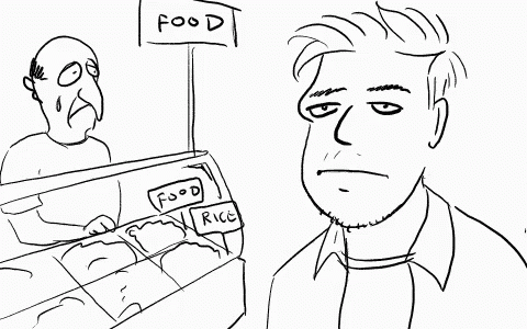 a black and white drawing of a man looking at food