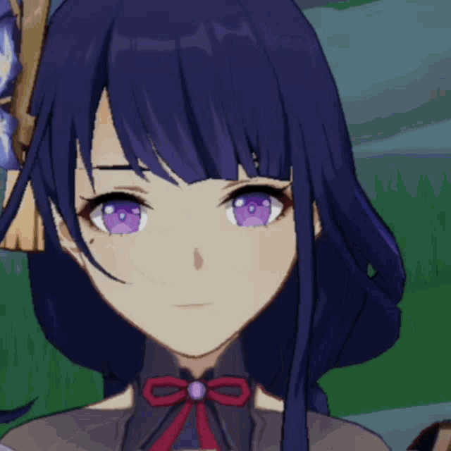 a close up of a girl 's face with purple eyes and a red bow