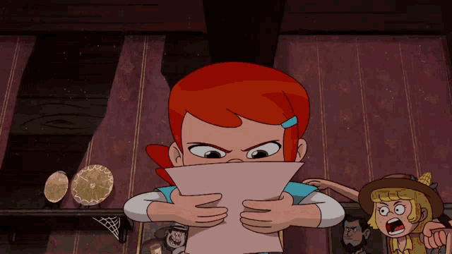 a girl with red hair is holding a piece of paper over her face