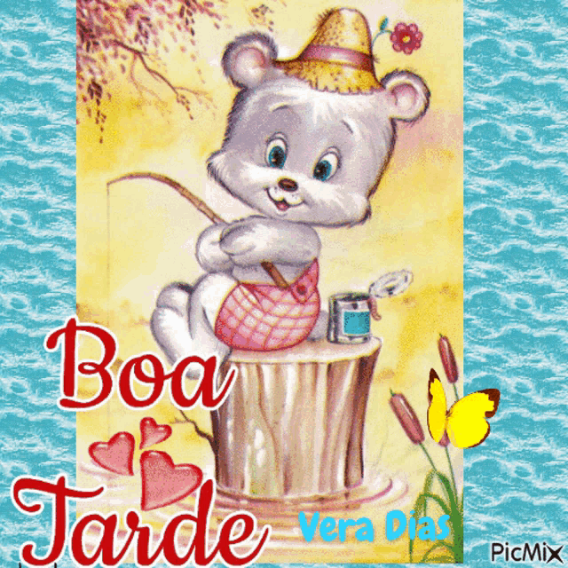 a picture of a teddy bear sitting on a tree stump with the caption boa tarde