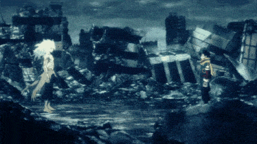 two anime characters are standing in front of a ruined building
