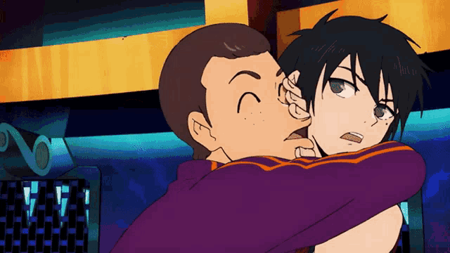 a man in a purple jacket is hugging a girl in a purple jacket