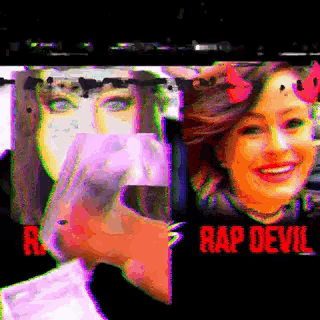 a woman is wearing a black shirt that says rap devil on it