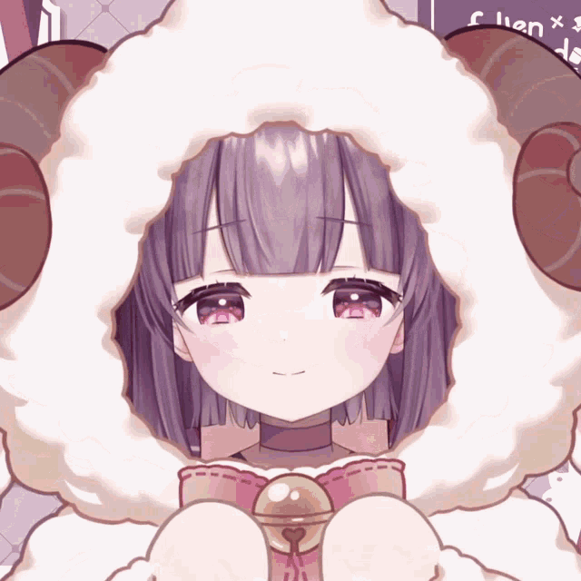 a girl with purple hair and pink eyes is wearing a sheep costume