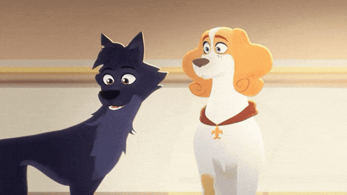 a wolf and a dog are standing next to each other and looking at each other