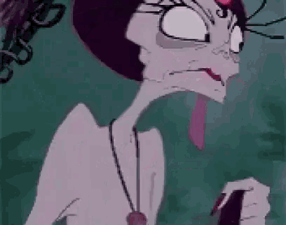a close up of a cartoon character with a necklace and a tongue out .