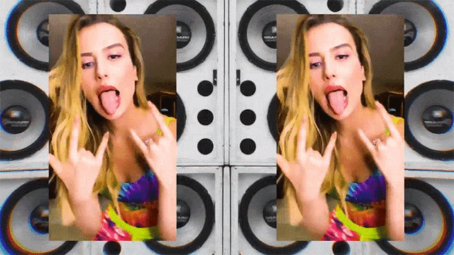 two pictures of a woman sticking her tongue out in front of speakers