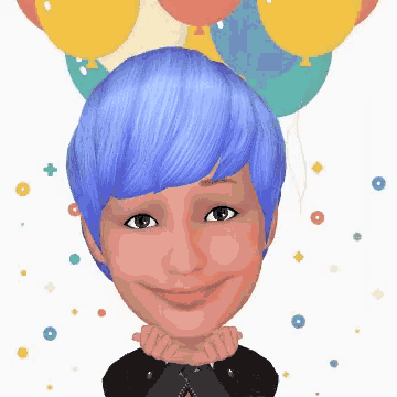 a woman with blue hair is smiling with balloons behind her