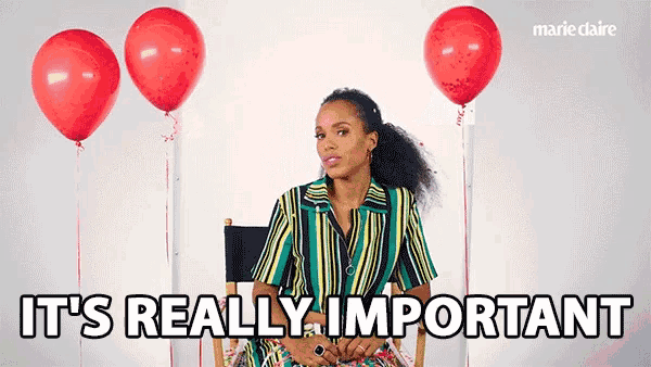 a woman is sitting in a chair with red balloons and the words it 's really important on the bottom
