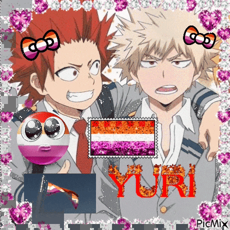 a couple of anime characters are standing next to each other with a lesbian flag in the background .