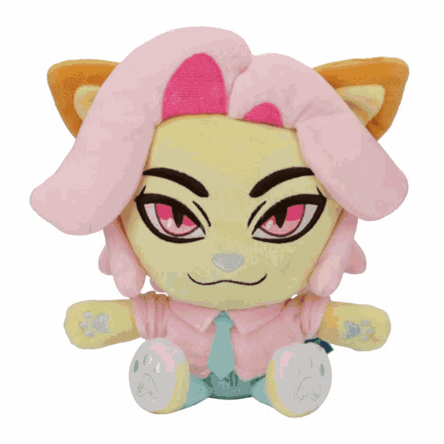 a stuffed animal with pink ears and a blue tie