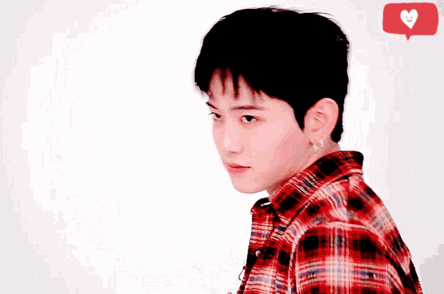 a young man wearing a red plaid shirt and earrings looks at the camera