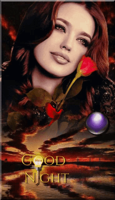 a picture of a woman with a rose and the words " good night "