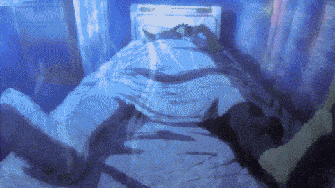 a painting of a person laying in a bed with a blue background