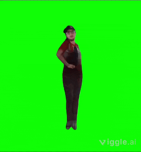 a man in overalls and a red shirt is standing on a green screen