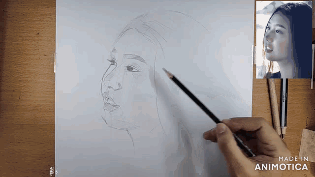 a person is drawing a woman 's face with a pencil