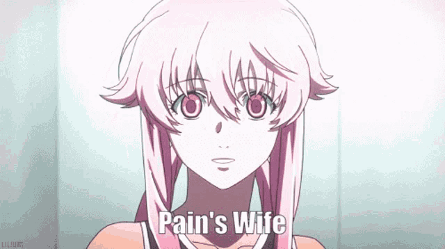 a girl with pink hair is smiling and the words pain 's wife are above her