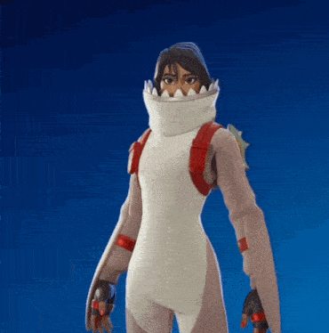 a person in a shark costume is holding a spear