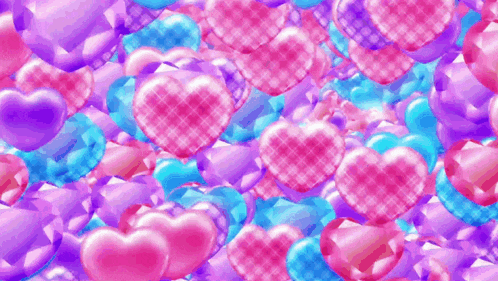 a bunch of pink and purple hearts on a blue and purple background
