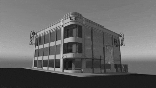 a black and white rendering of a building with a sign that says nbc