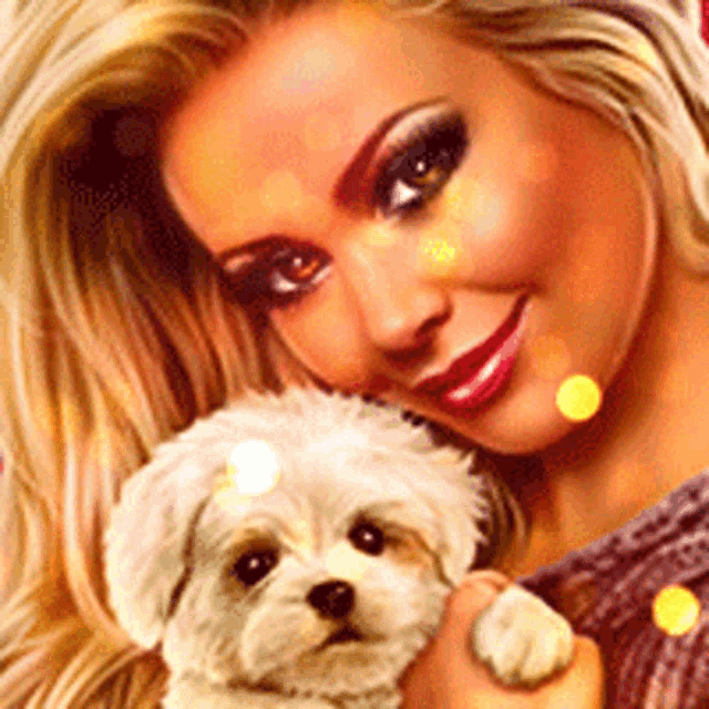 a blonde woman is holding a small white dog