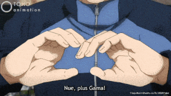 a person making a heart shape with their hands and the words nue plus gama below