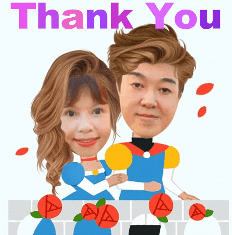 a cartoon of a man and a woman with the words thank you in the background
