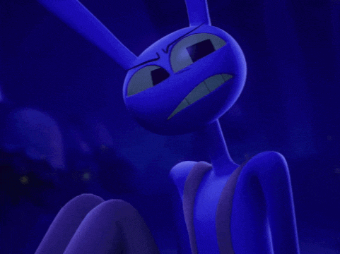 a blue cartoon character with a bunny head and ears