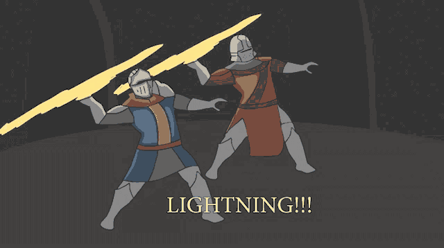 a cartoon of two knights holding lightning bolts and the words lightning !!! below them