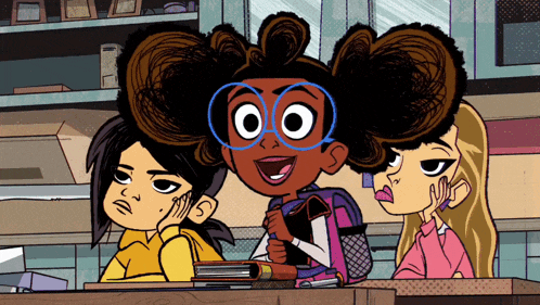 a cartoon of three girls sitting at a table with one girl wearing glasses