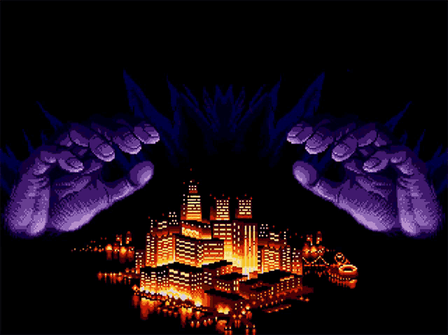 a pixel art drawing of a man holding a city