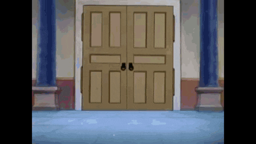 a cartoon drawing of a door with a few pillars in the background