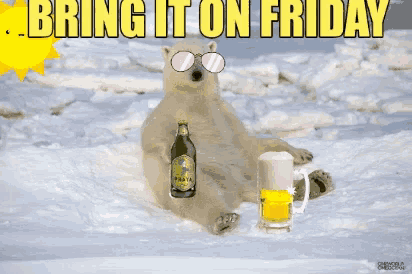 a polar bear is sitting in the snow holding a bottle of brahma and a mug of beer