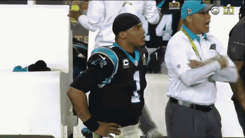 a man in a carolina panthers jersey stands next to another man in a white shirt