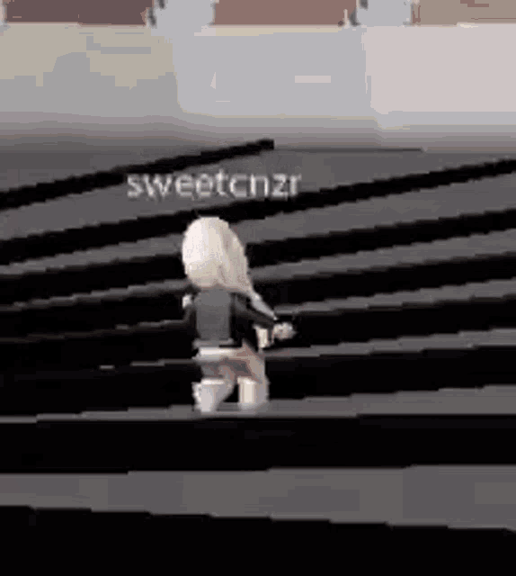 a cartoon character is walking down a set of stairs .