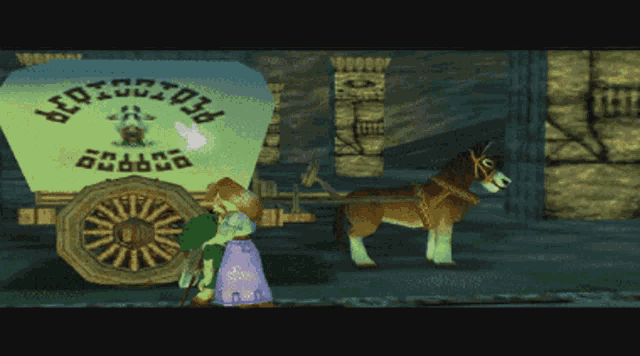 a video game character standing next to a cart that says bediccio