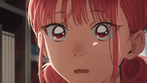 a close up of a girl 's face with pink hair and white eyes