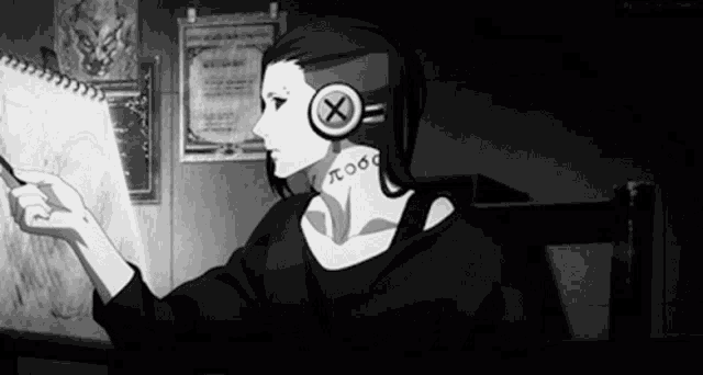 a black and white drawing of a person wearing headphones and a tattoo on their neck .