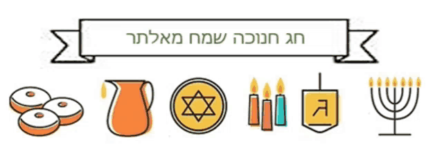 a banner with a star of david candles a pitcher and a menorah