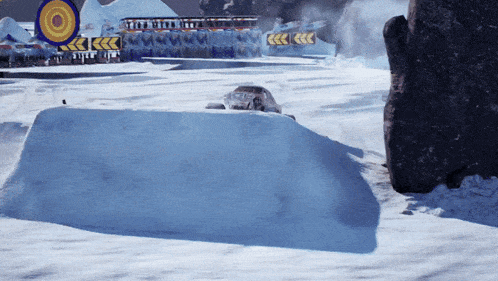 a car is driving through the snow near a target